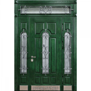 Парадная дверь Мадрид с окнами и ковкой для коттеджей шпон натурального дерева